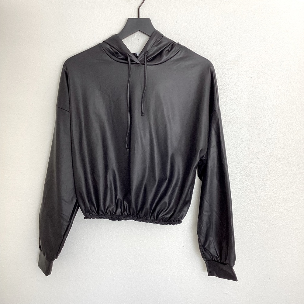 Fashion Nova Black Faux Leather Hoodie Size Medium Streetwear Baddie Cropped